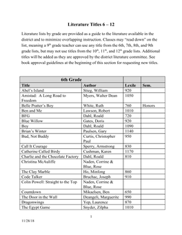 Approved Literature List for Grades 6-12