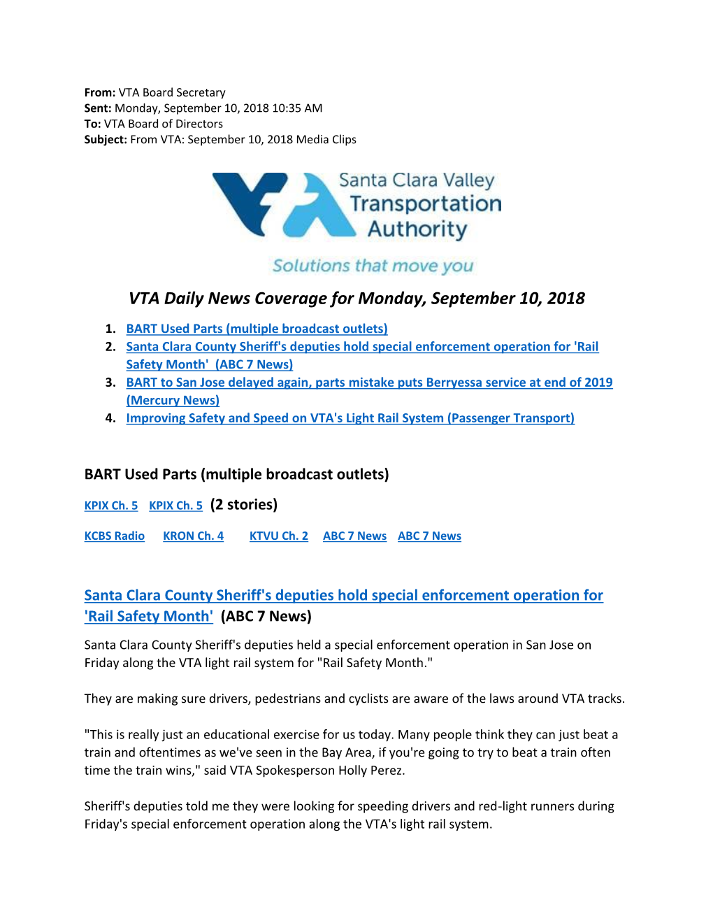 VTA Daily News Coverage for Monday, September 10, 2018 1