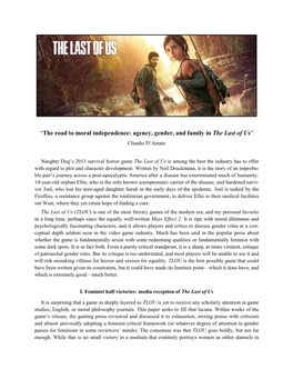 The Road to Moral Independence: Agency, Gender, and Family in the Last of Us” Claudio D’Amato