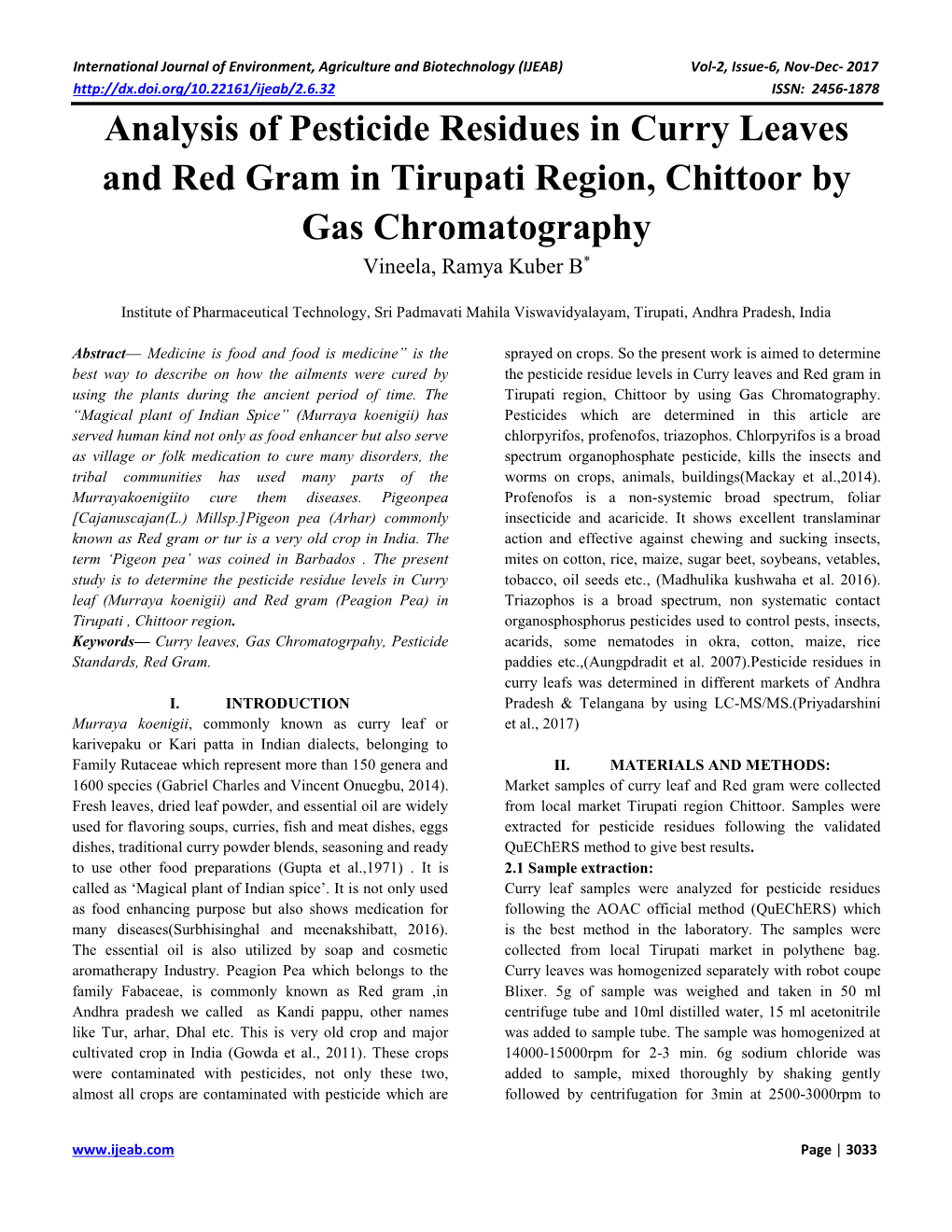 Analysis of Pesticide Residues in Curry Leaves and Red Gram in Tirupati Region, Chittoor by Gas Chromatography Vineela, Ramya Kuber B*