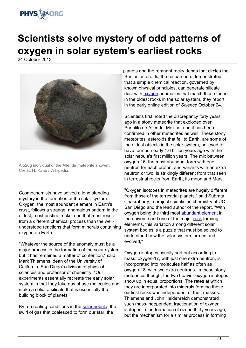 Scientists Solve Mystery of Odd Patterns of Oxygen in Solar System's Earliest Rocks 24 October 2013