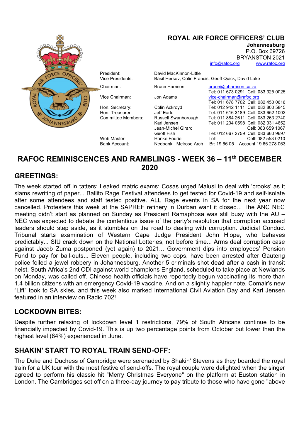 RAFOC REMINISCENCES and RAMBLINGS - WEEK 36 – 11Th DECEMBER 2020 GREETINGS