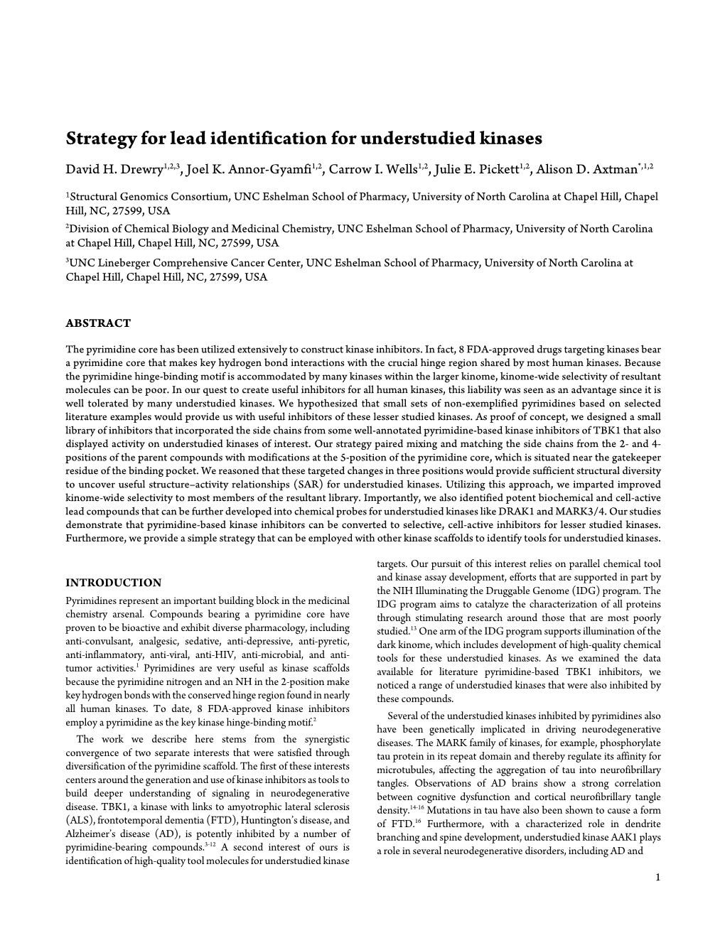 Strategy for Lead Identification for Understudied Kinases David H