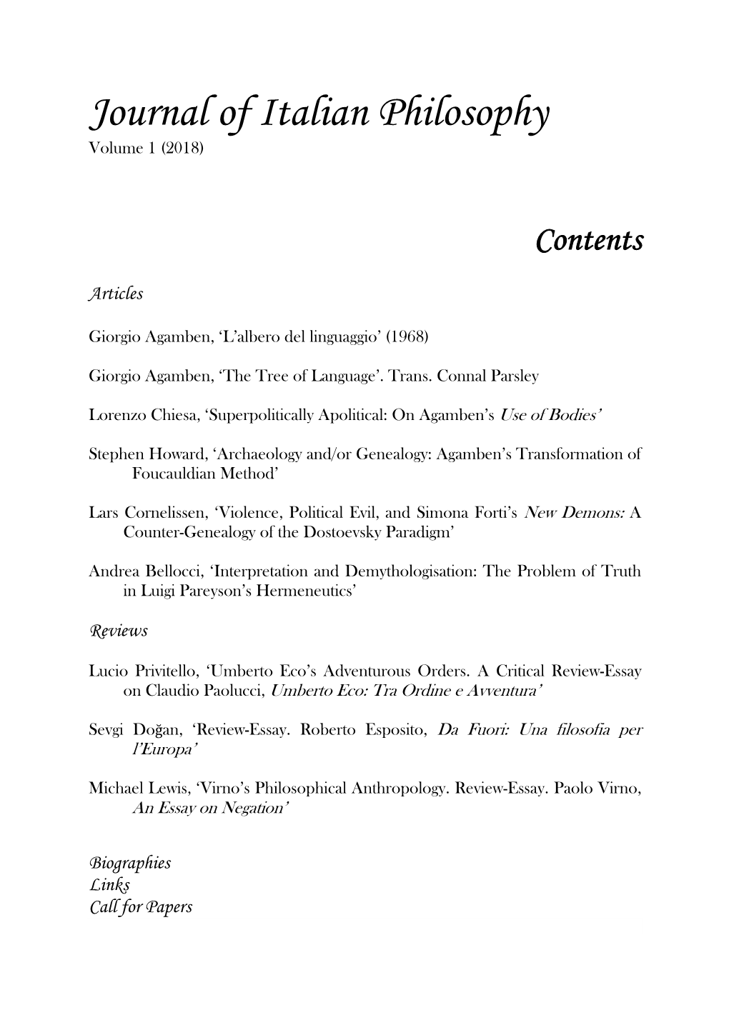 Journal of Italian Philosophy, Volume 1 (2018)