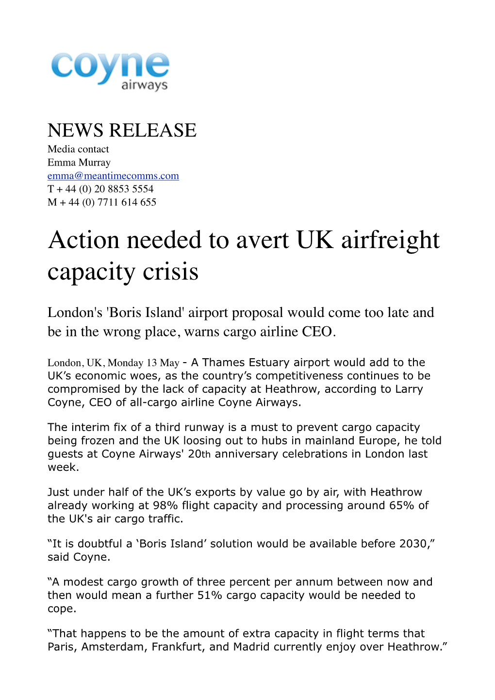 Action Needed to Avert UK Airfreight Capacity Crisis