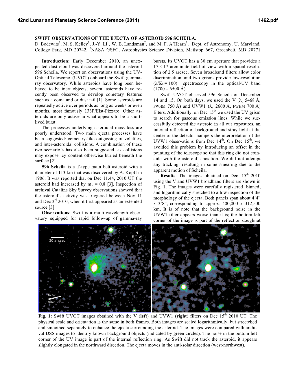 Swift Observations of the Ejecta of Asteroid 596 Scheila