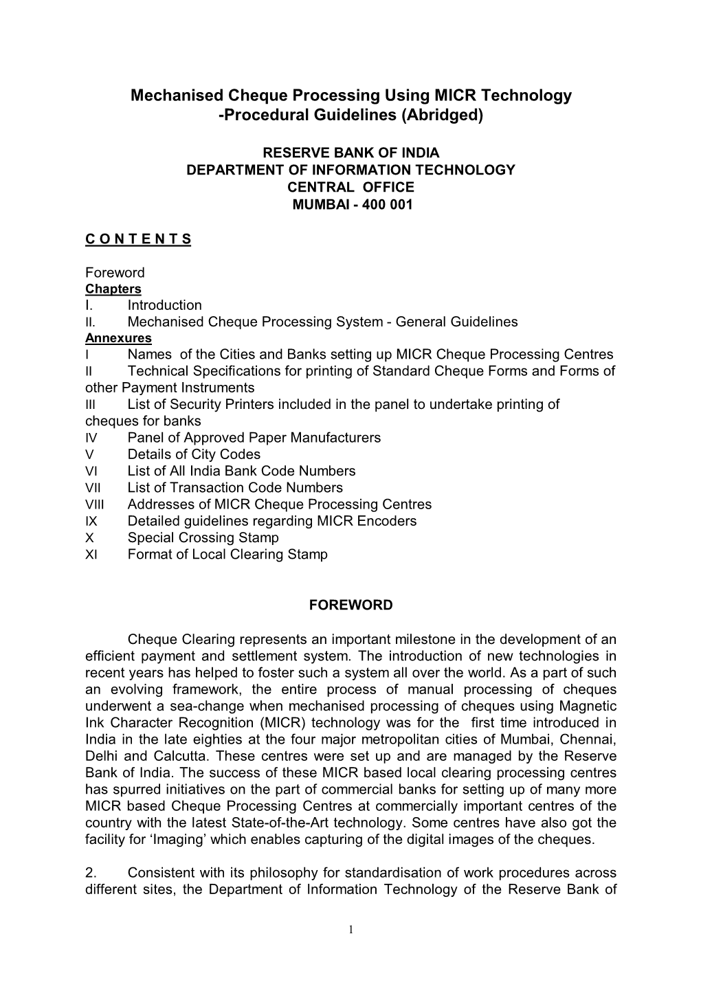 Mechanised Cheque Processing Using MICR Technology -Procedural Guidelines (Abridged)