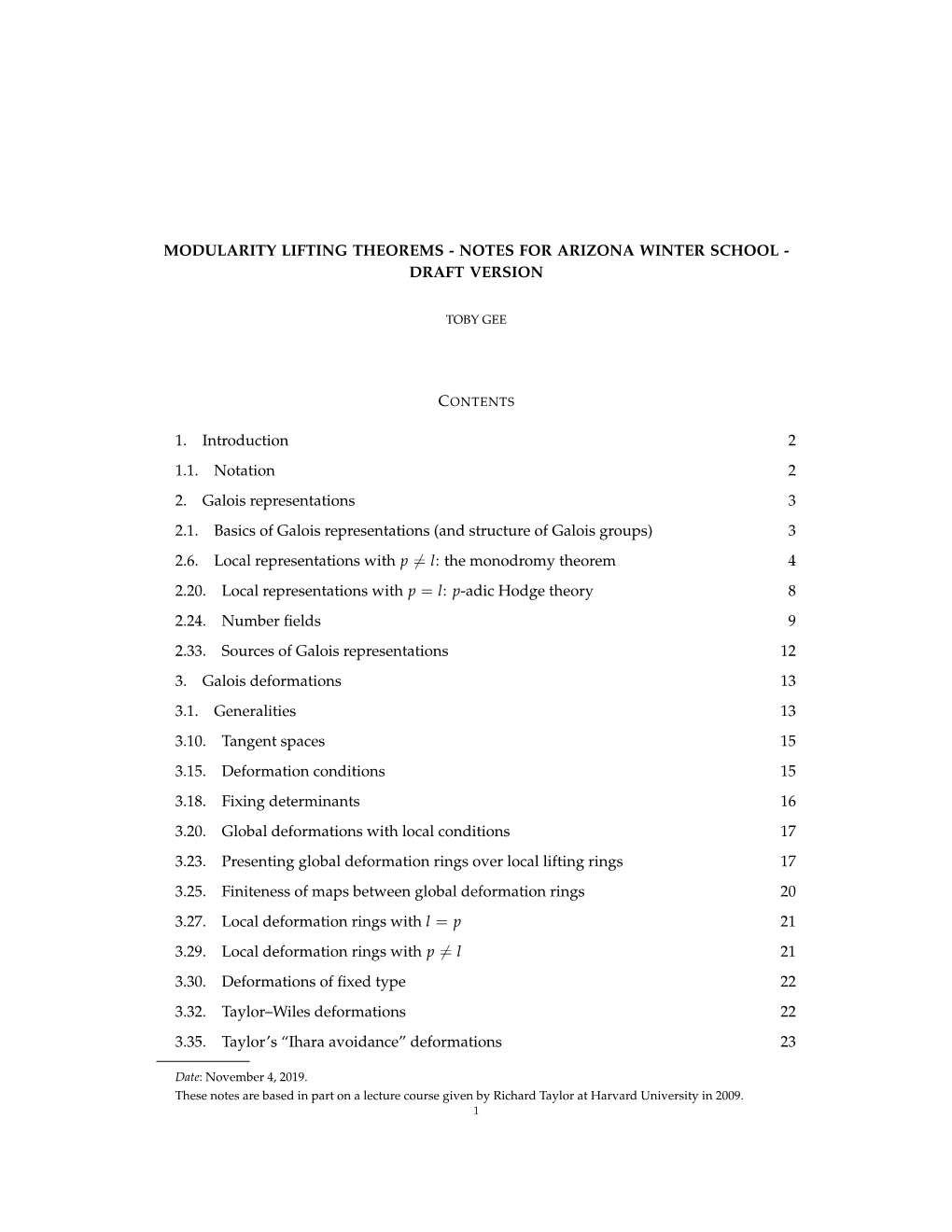 Modularity Lifting Theorems - Notes for Arizona Winter School - Draft Version