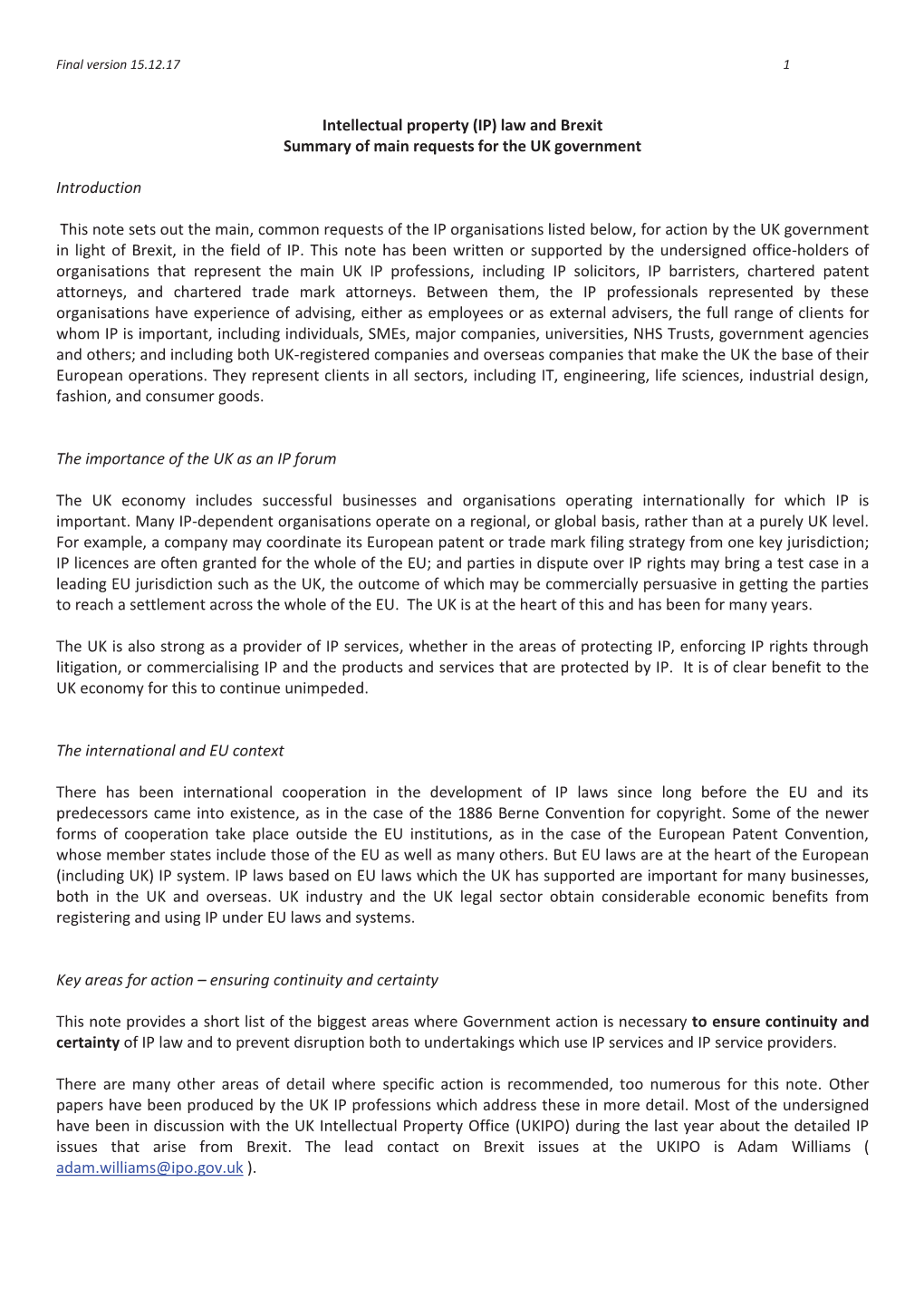 (IP) Law and Brexit Summary of Main Requests for the UK Government