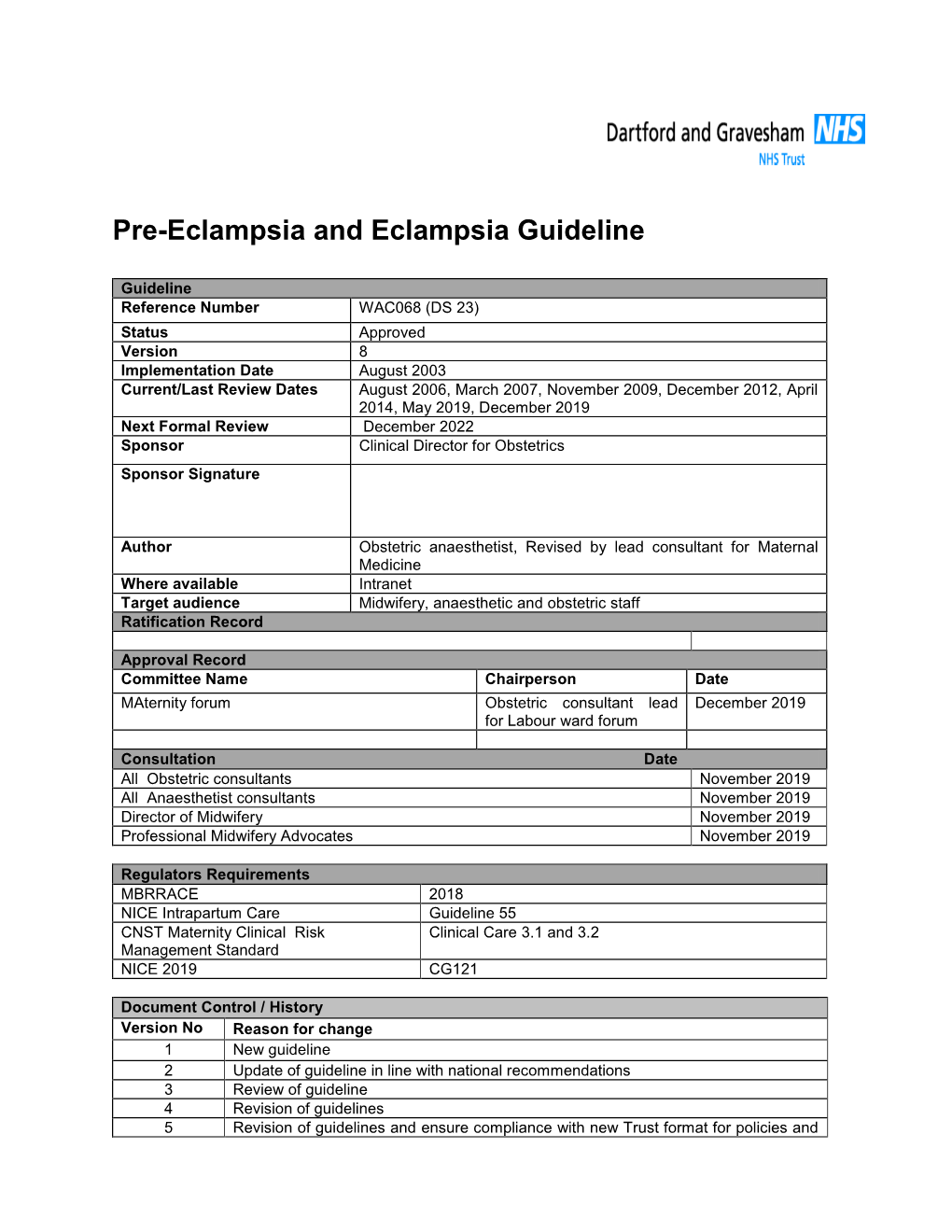 Pre-Eclampsia and Eclampsia Guideline