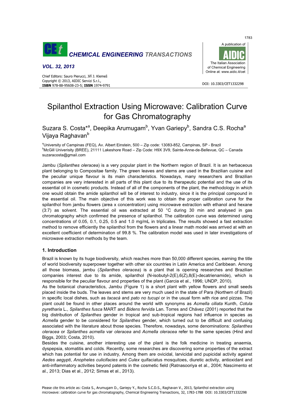 Spilanthol Extraction Using Microwave: Calibration Curve for Gas Chromatography Suzara S