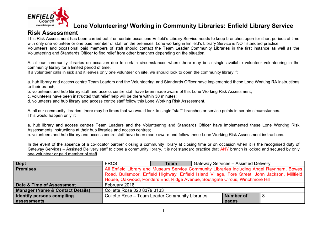 Risk Assessment Sheet