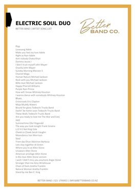 Electric Soul Duo Better Band | Artist Song List