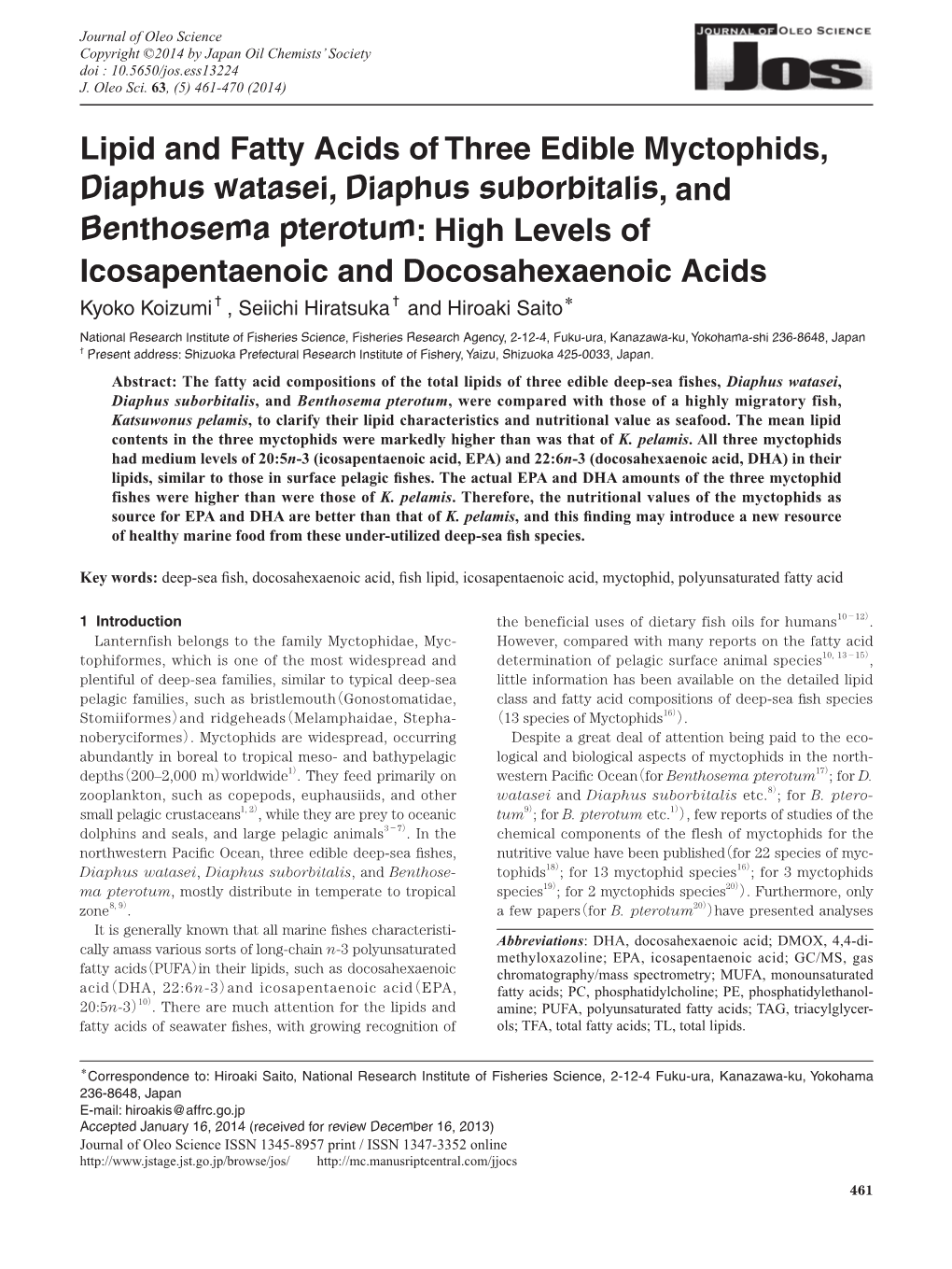 Lipid and Fatty Acids of Three Edible Myctophids, Diaphus Watasei