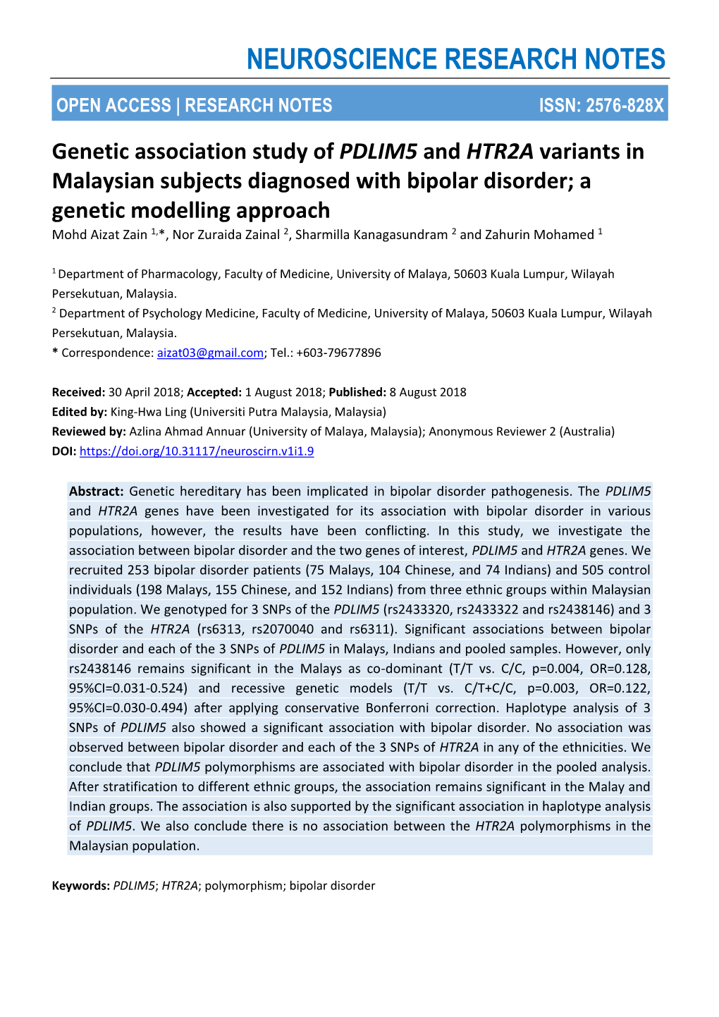 Genetic Association Study of PDLIM5