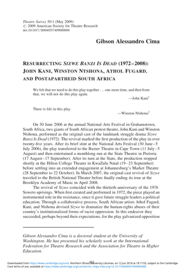 Resurrecting Sizwe Banzi Is Dead (1972–2008): John Kani,Winston Ntshona,Athol Fugard, and Postapartheid South Africa