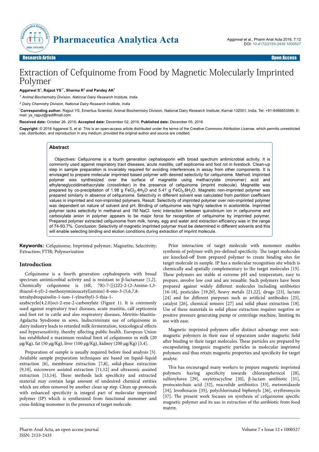 Extraction of Cefquinome from Food by Magnetic Molecularly Imprinted