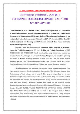 Microbiology Department, UCM 2016 DST-INSPIRE SCIENCE INTERNSHIP CAMP -2016 24Th- 28Th NOV 2016