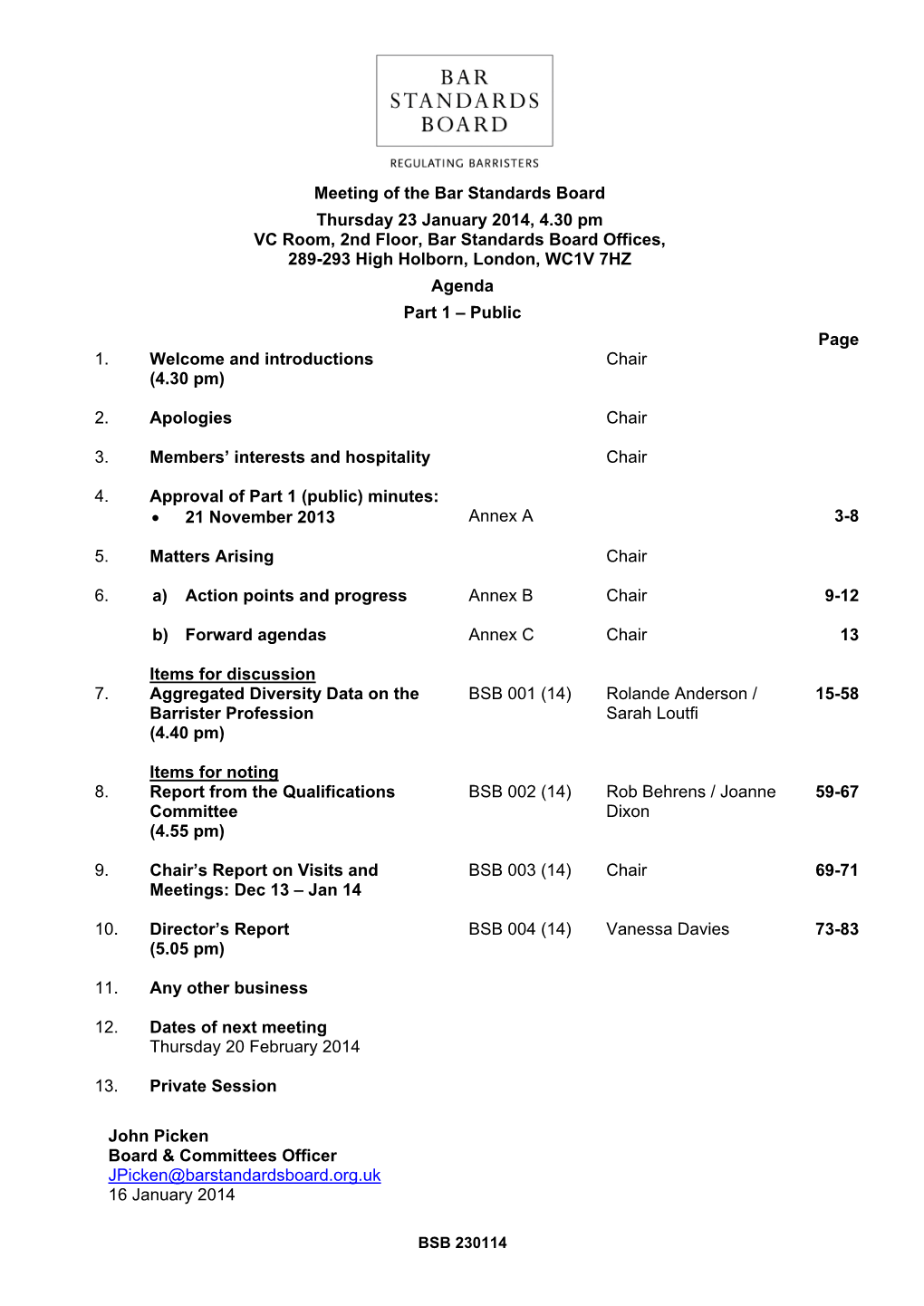 Meeting of the Bar Standards Board Thursday 23 January 2014, 4.30