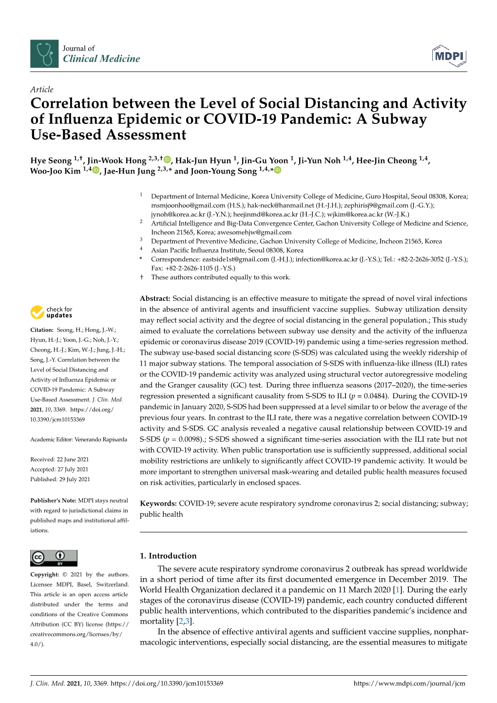 Correlation Between the Level of Social Distancing and Activity of Inﬂuenza Epidemic Or COVID-19 Pandemic: a Subway Use-Based Assessment