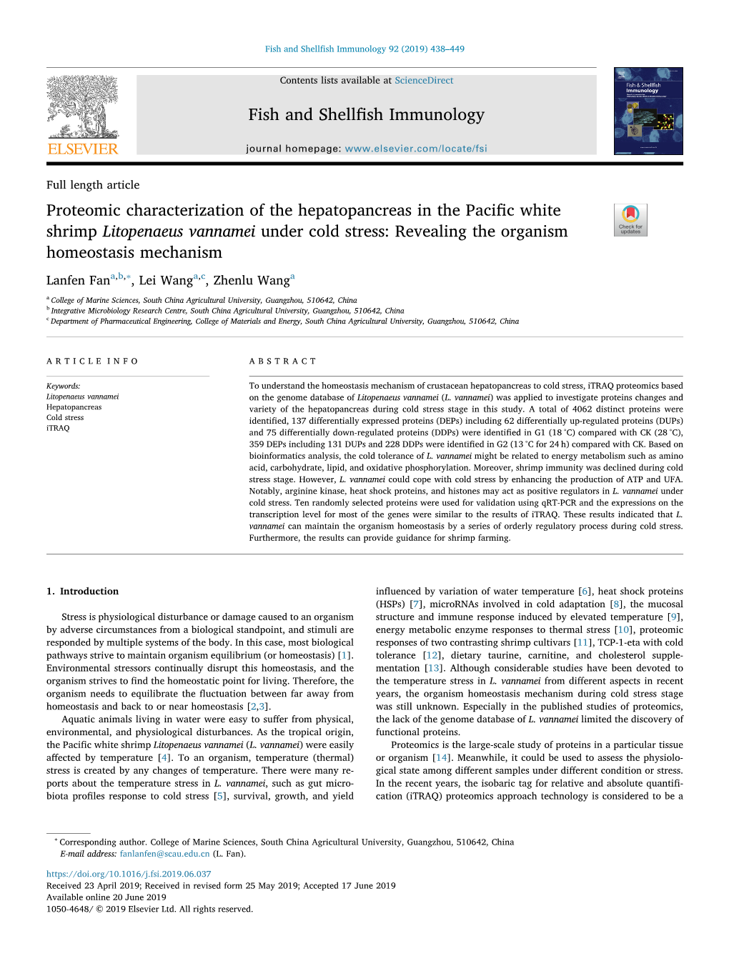 Proteomic Characterization of the Hepatopancreas in the Pacific White Shrimp Litopenaeus Vannamei Under Cold Stress Revealing T