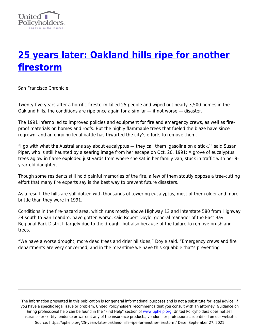 Oakland Hills Ripe for Another Firestorm