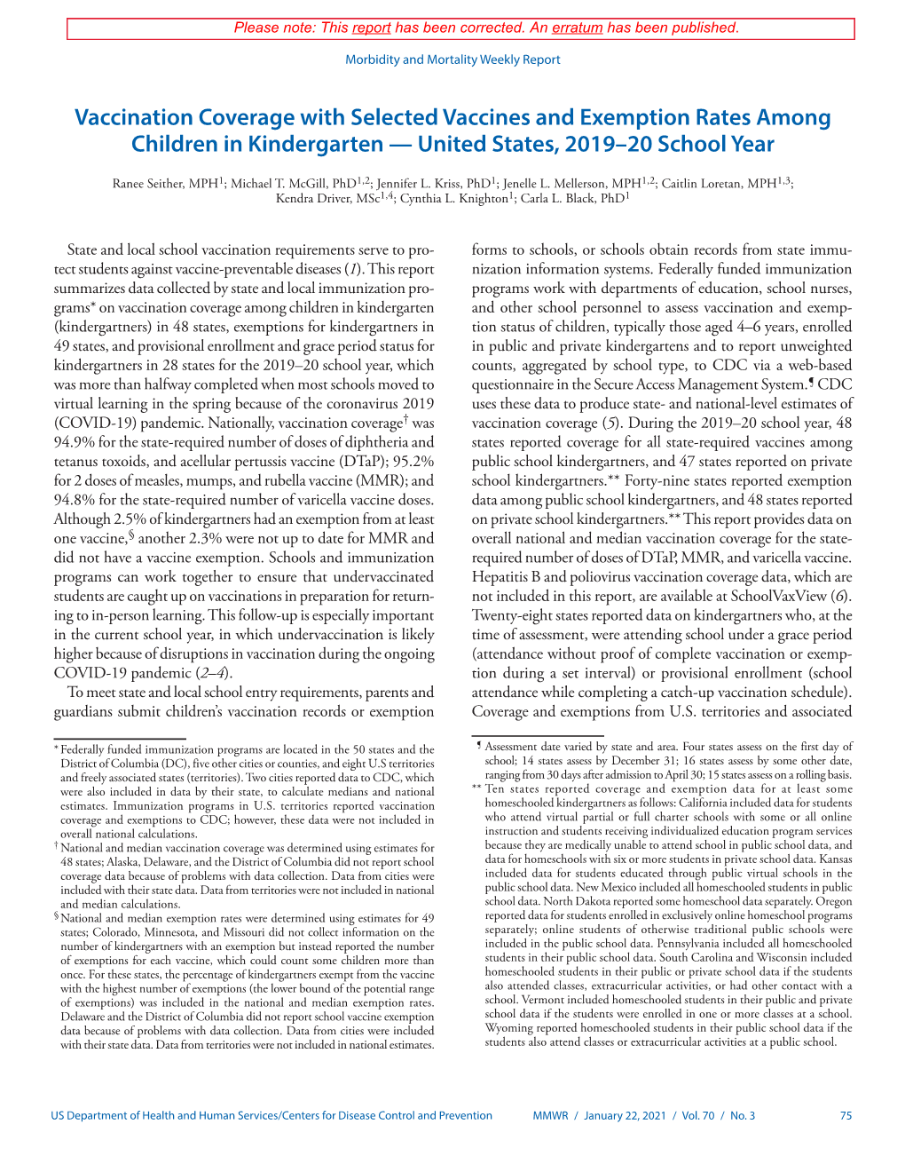 Vaccination Coverage with Selected Vaccines and Exemption Rates Among Children in Kindergarten — United States, 2019–20 School Year