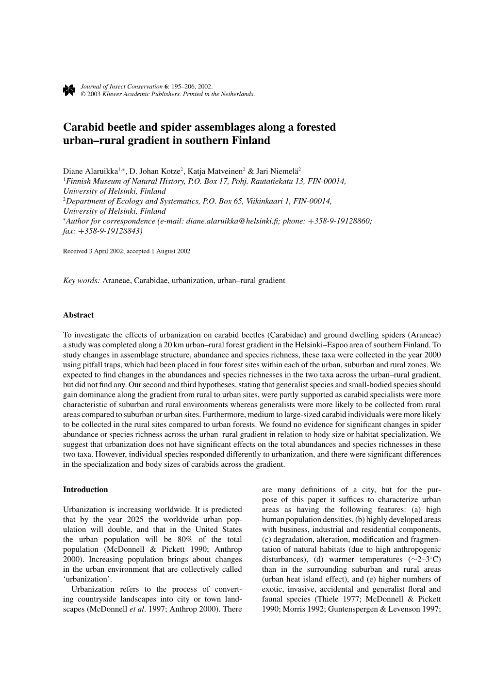 Carabid Beetle and Spider Assemblages Along a Forested Urban–Rural Gradient in Southern Finland