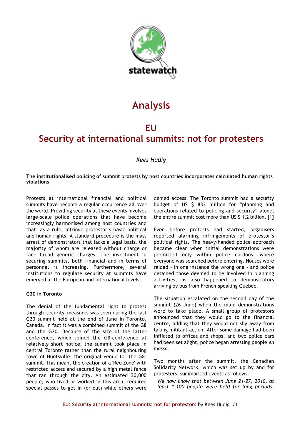 EU Security at International Summits: Not for Protesters