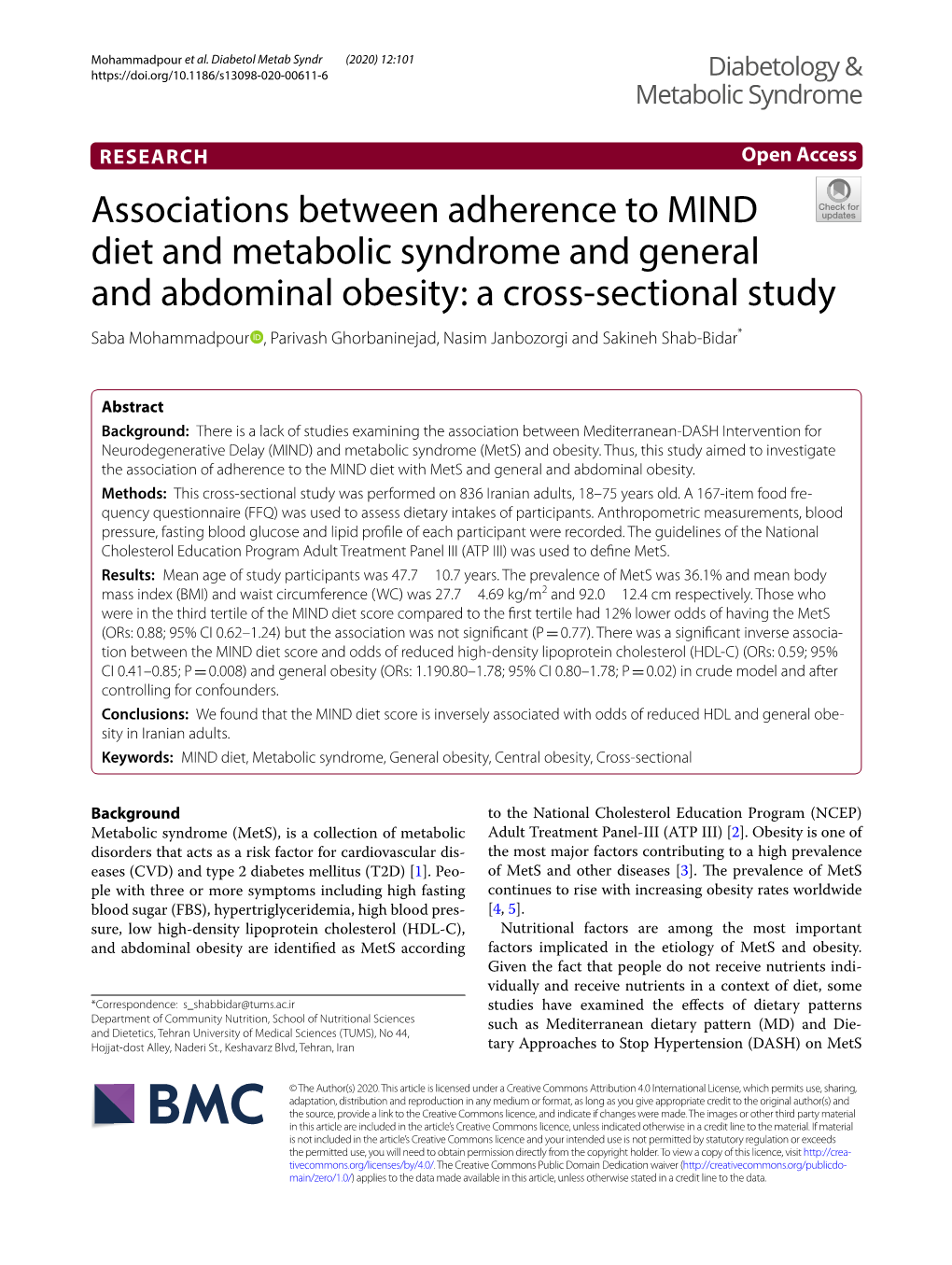 Associations Between Adherence to MIND Diet and Metabolic Syndrome