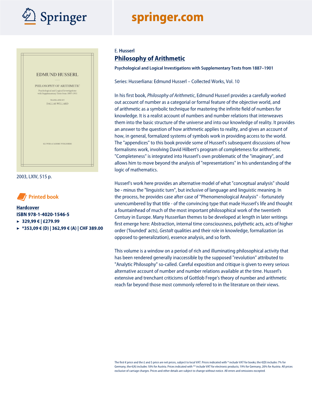 Philosophy of Arithmetic Psychological and Logical Investigations with Supplementary Texts from 1887–1901