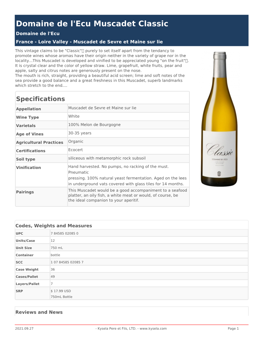 Product Group Wine Domaine De L'ecu Muscadet Classic