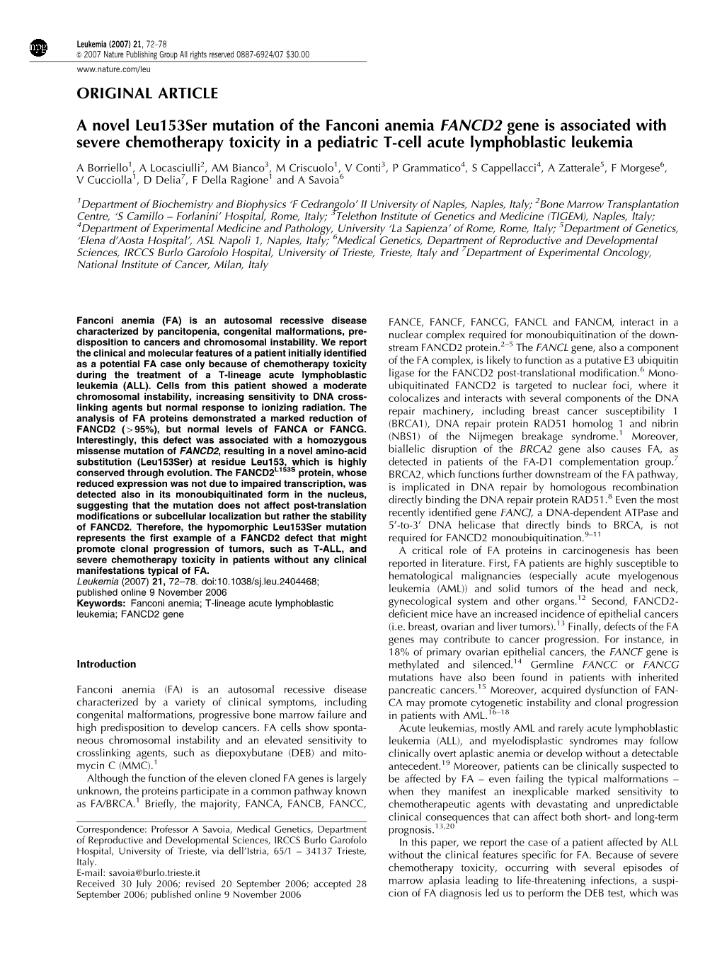 A Novel Leu153ser Mutation of the Fanconi Anemia FANCD2 Gene Is Associated with Severe Chemotherapy Toxicity in a Pediatric T-Cell Acute Lymphoblastic Leukemia