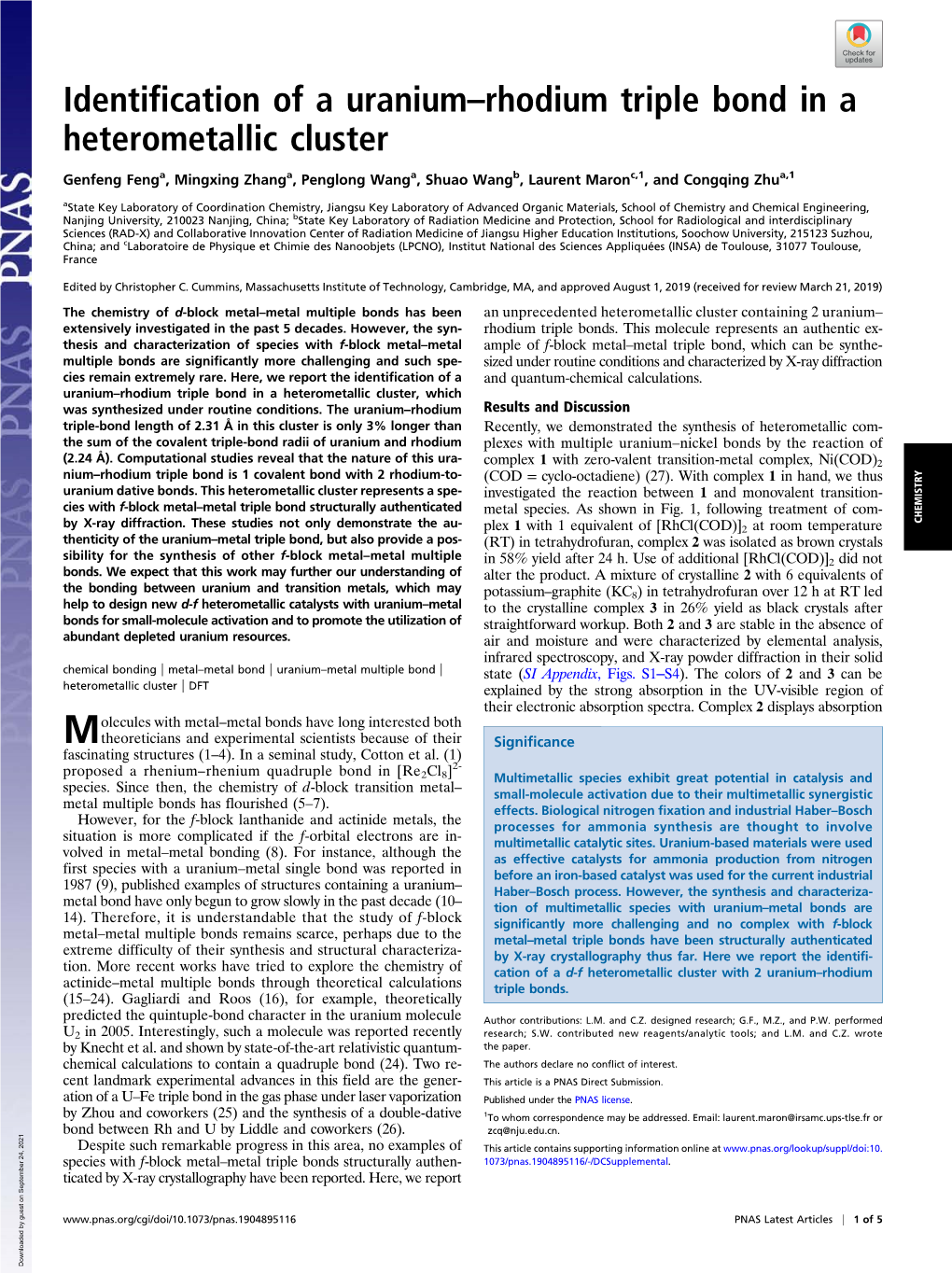 Identification of a Uranium–Rhodium Triple Bond in a Heterometallic Cluster