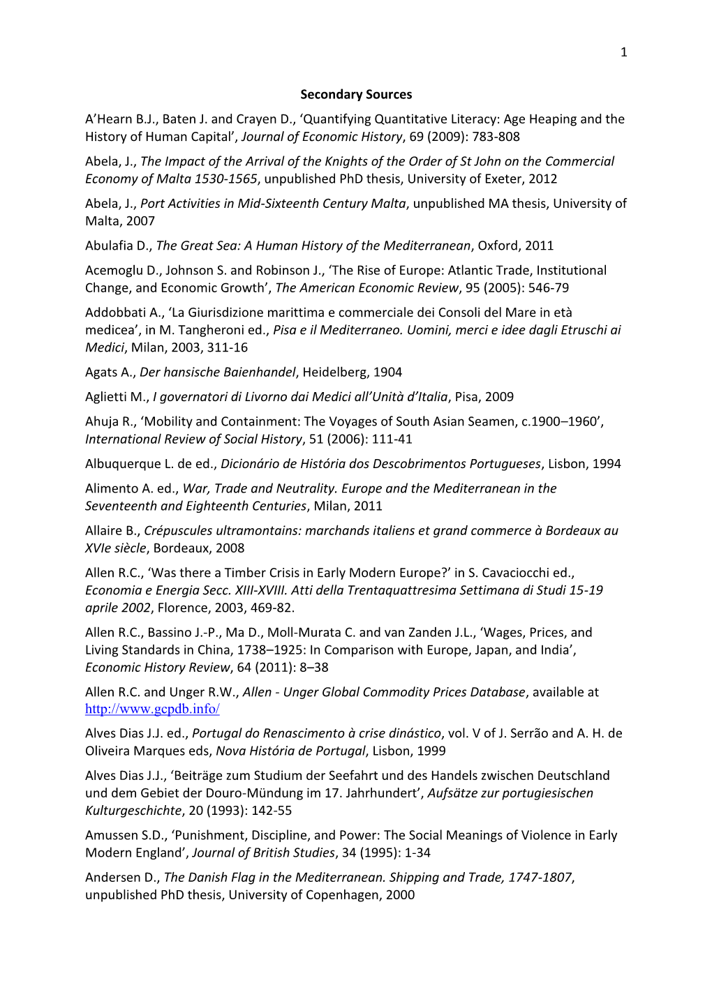1 Secondary Sources A'hearn B.J., Baten J. and Crayen D., 'Quantifying Quantitative Literacy: Age Heaping and the History Of