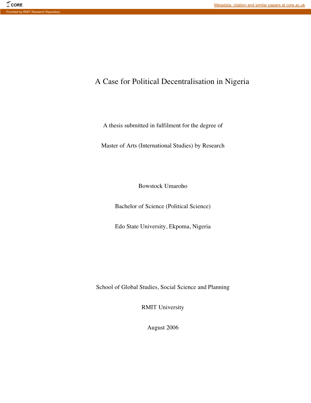 A Case for Political Decentralisation in Nigeria