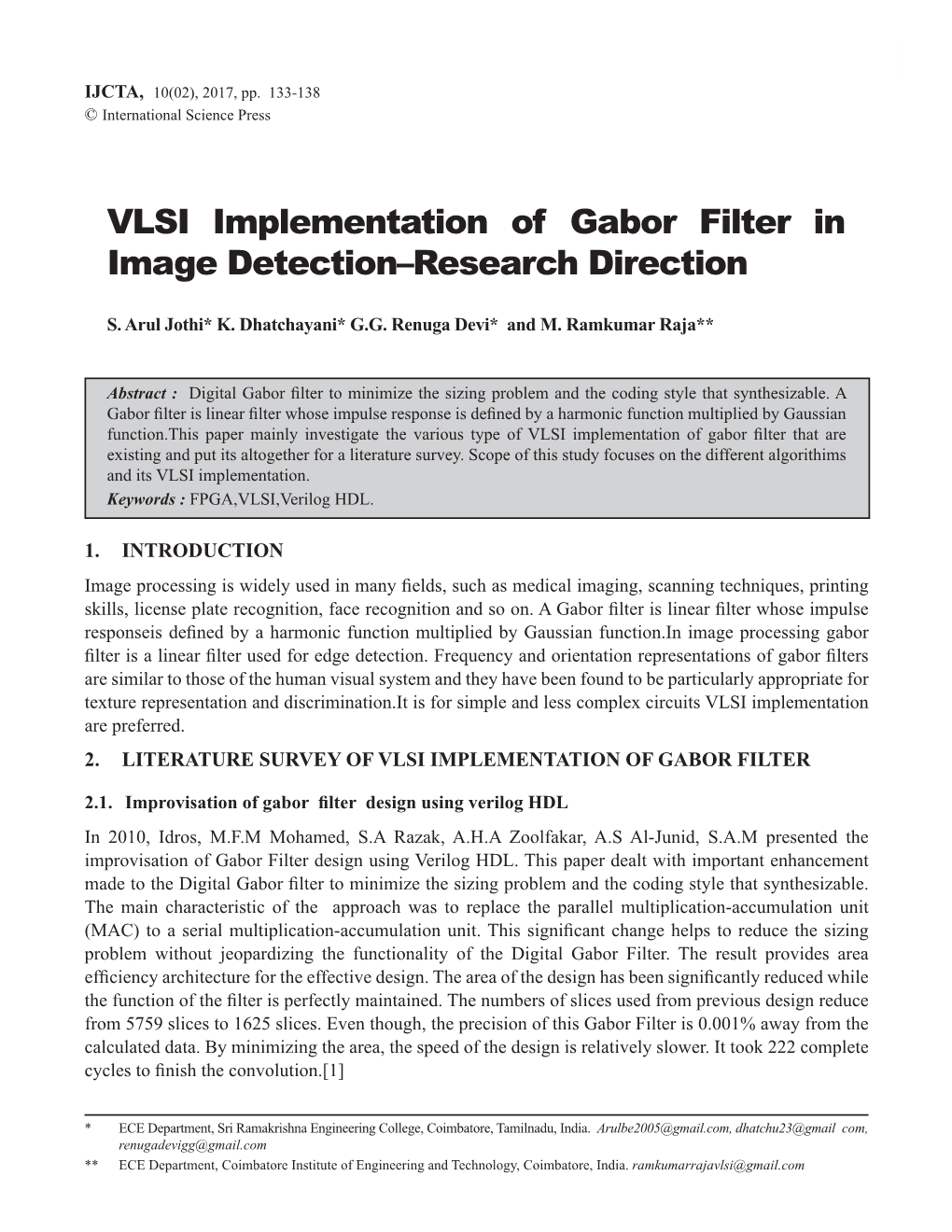 VLSI Implementation of Gabor Filter in Image Detection–Research Direction