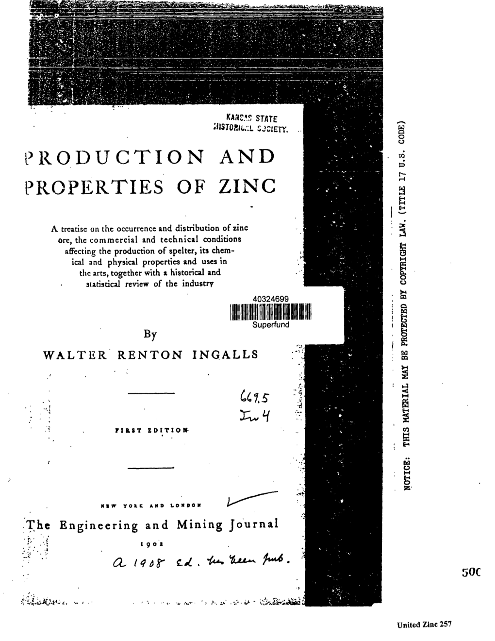 Book Excerpt Entitled, "Production and Properties of Zinc"