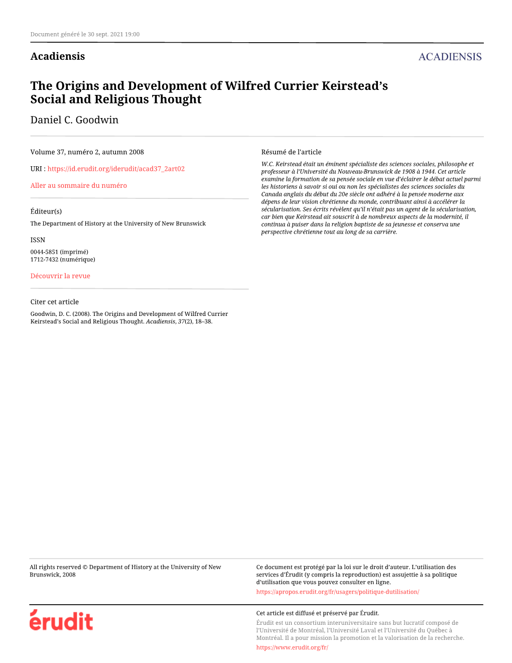 The Origins and Development of Wilfred Currier Keirstead's Social and Religious Thought