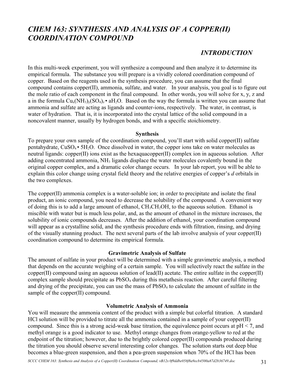 Chem 163: Synthesis And Analysis Of A Coordination Compound Of Copper(Ii)