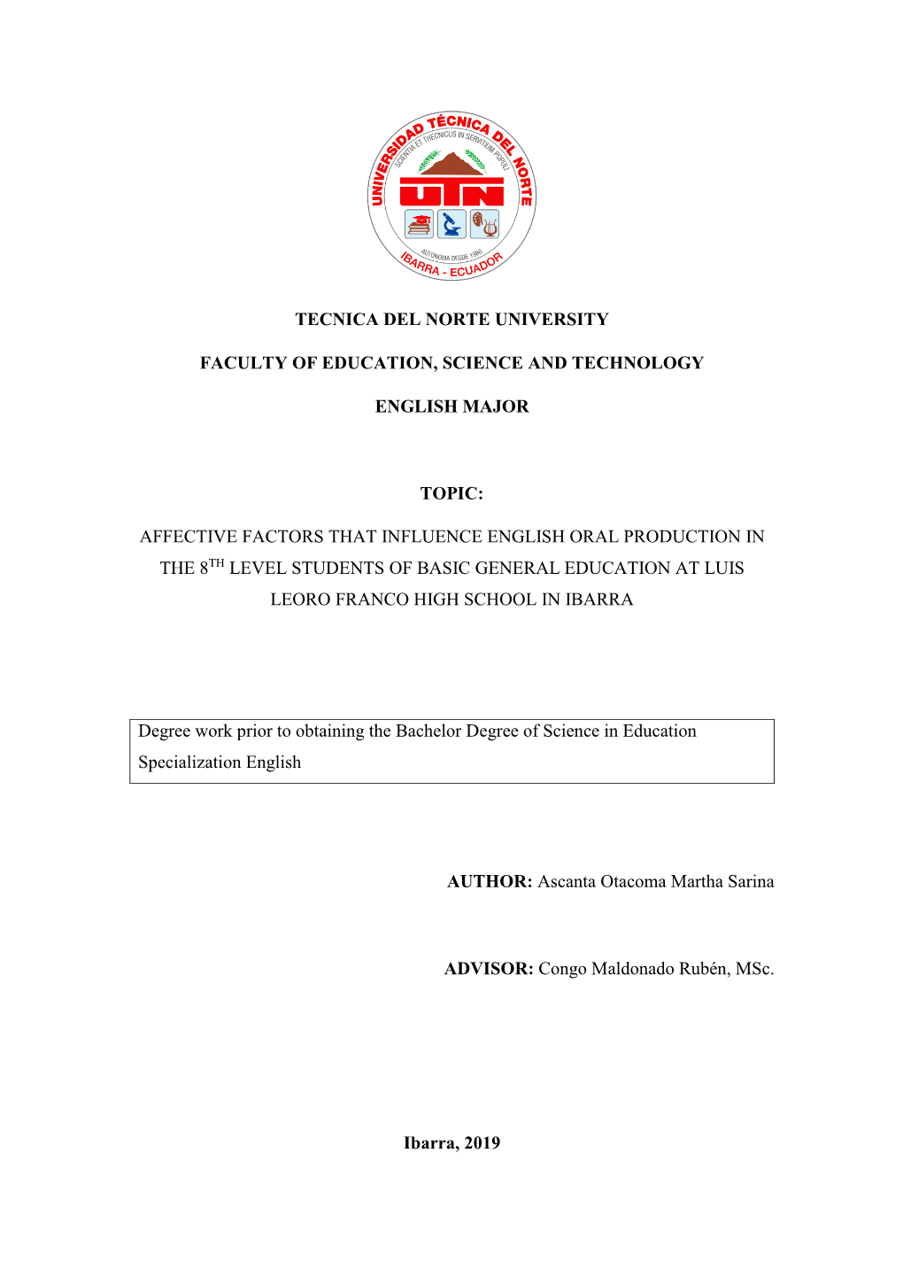 Affective Factors That Influence English Oral Production in the 8Th Level Students of Basic General Education at Luis Leoro Franco High School in Ibarra