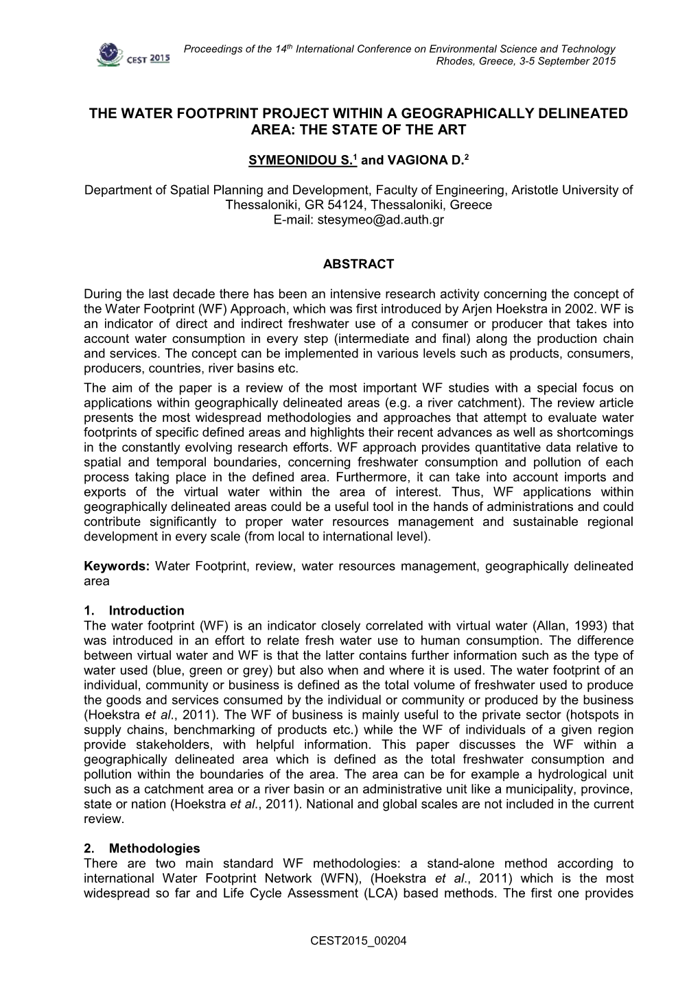 The Water Footprint Project Within a Geographically Delineated Area: the State of the Art