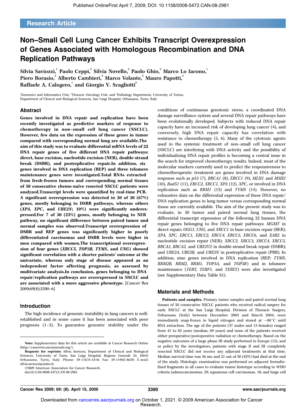 Non–Small Cell Lung Cancer Exhibits Transcript Overexpression of Genes Associated with Homologous Recombination and DNA Replication Pathways