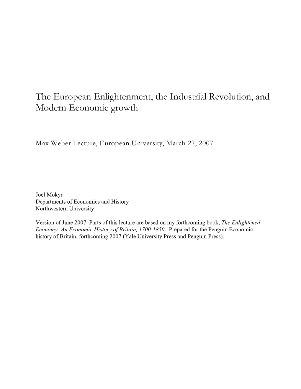 The European Enlightenment, the Industrial Revolution, and Modern Economic Growth