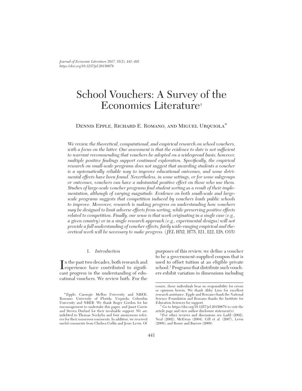 School Vouchers: a Survey of the Economics Literature†