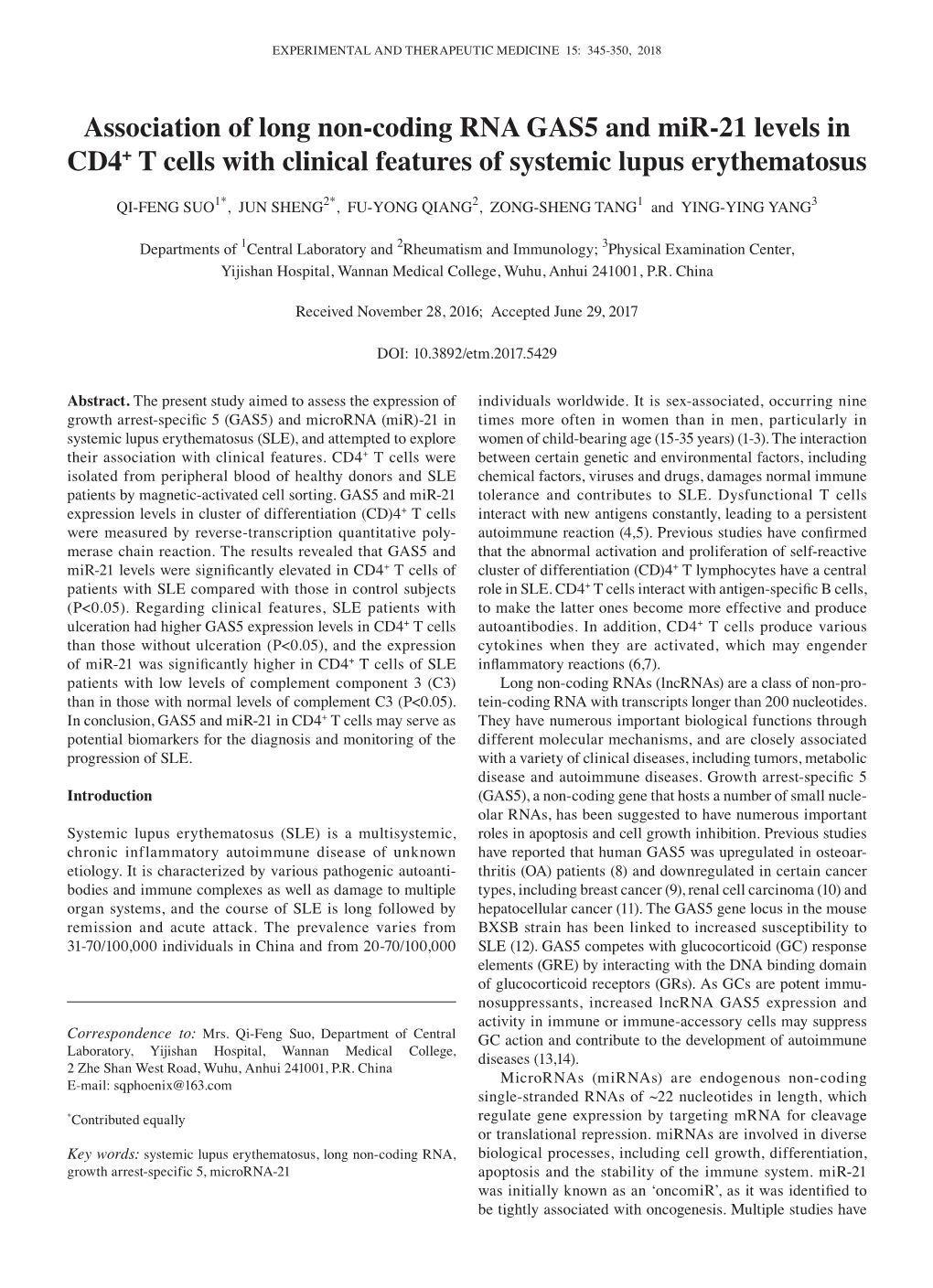 Association of Long Non‑Coding RNA GAS5 and Mir‑21 Levels in CD4+ T Cells with Clinical Features of Systemic Lupus Erythematosus