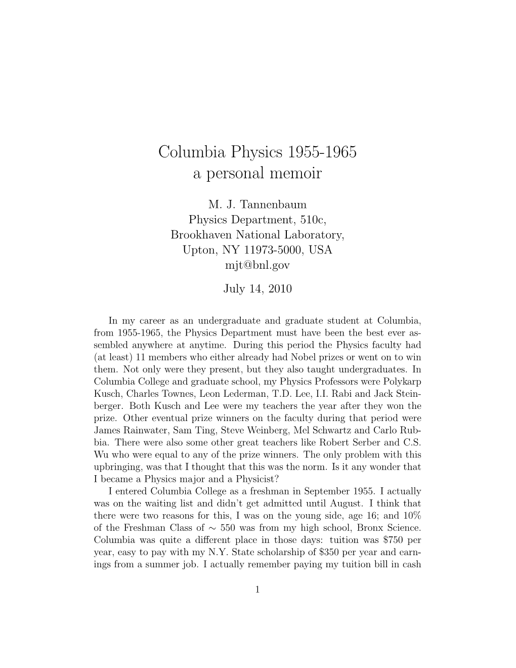 Columbia Physics 1955-1965 a Personal Memoir