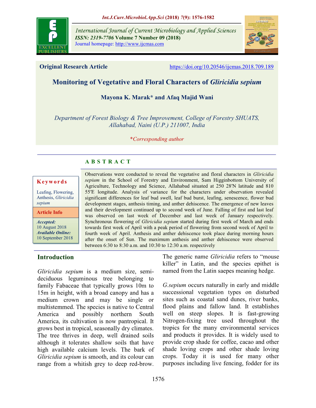 Monitoring of Vegetative and Floral Characters of Gliricidia Sepium