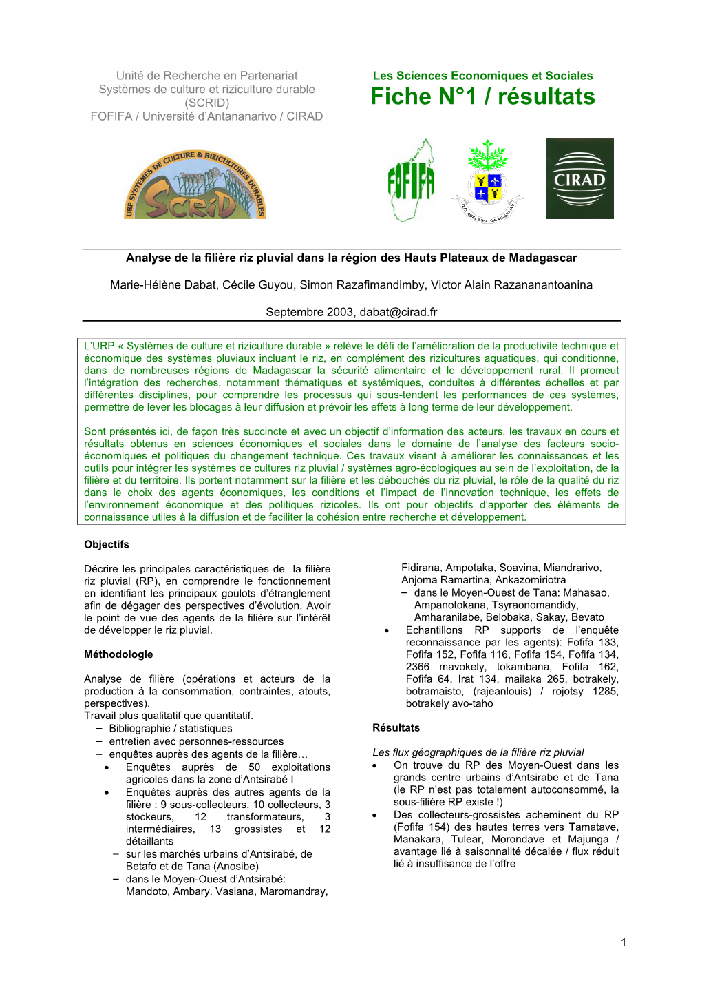 Fiche N°1 / Résultats FOFIFA / Université D’Antananarivo / CIRAD