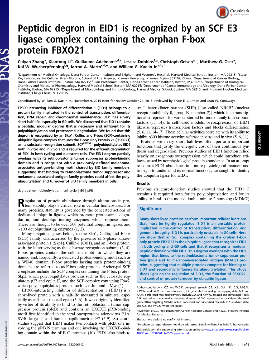 Peptidic Degron in EID1 Is Recognized by an SCF E3 Ligase Complex Containing the Orphan F-Box Protein FBXO21